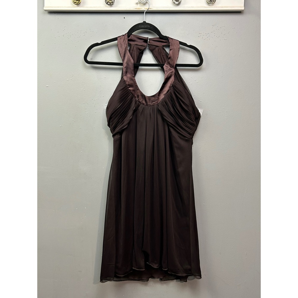 Snap‎ Dress Womens Medium Y2K Retro Satiny Brown Halter Pleated Ruched Zip Back